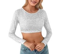ZOIASW Women Sequin Top Lingerie Sparkly Shirts Long Sleeve Crop Top Ribbed Slim Fitted Glitter Peplum Blouse Clubwear (White, M)