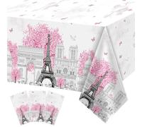 ZOIIWA 3 Pieces Paris Eiffel Tower Tablecloths Pink Paris Theme Eiffel Tower Plastic Disposable Rectangle Table Covers for Baby Shower Wedding Girl Birthday Party Favors Decorations Supplies