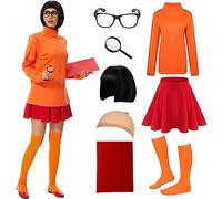 ZOKJFDK Velma Costume Adult Women Halloween Classic Movie Characters Costume with Bob Wig, Long Sleeve Turtleneck Crop Top (Large)