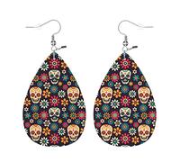 Zokola Leather Earrings For Women Day Of The Dead, Mexican Sugar Skulls And Flowers Dangle Earrings Eardrop Earrings For Teen Girls Teardrop Jewelry Earrings, 2.25x1.5 Inch, Faux Leather, No Gemstone