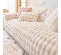 ZOKT Thick Rabbit Plush Sofa Cover 1 2 3 Seater, Non-Slip Corner Sofa Slipcovers L Shape, Fluffy Faux Fur Sofa Cushion Cover, Furniture Protector for Kids, Pets, Rice-White, 90×240cm