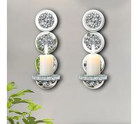 ZOLAPI Set of 2 Crystal Crush Diamond Candle Sconces, Gorgeous Silver Mirrored Wall Sconce, Round Candle Holder Glass Wall Decorations for Home Décor, Living Room, Dining Room.