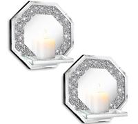 ZOLAPI Set of 2 Diamond Crushed Crystals Wall Candle Holders Octagon Silver Mirror Wall Decor Home Living Room Dining Bedroom