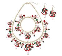 ZOLEAROPY Christmas Candy Necklace Bracelet Earrings Set for Women Xmas Festive Red Green Sweet Peppermint Candy Cane Xmas Winter Holiday Birthday Party Accessory Gifts, L, Metal, No Gemstone