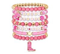 ZOLEAROPY Western Cowboy Bracelets Pink Beaded Stackable Stretch Bracelet Cowgirl Boot Charm Bracelets Coutry Concert Festival Christmas Valentine's Day Birthday Party Music Fans Gifts, stretch