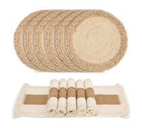 Zology Boho Table Mats Set of 6- Woven Placemats for Family Dinner, Holiday Dining, Kitchen Table Decor |Natural Round Placemats Made of Burdock Grass & Corn Husk,Eco-Friendly