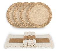 Zology Hand Made Boho Placemats, Set of 4, Natural Cotton, Burlap and Water Straw, Woven Combination Placemats, Macrame Decor and Farmhouse Style, for Dining Table, Kitchen