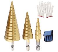Zolventiq HSS Step Drill Bits Set, 3PCS Titanium Coated HSS Spiral Drill Bit - (4-12mm, 4-20mm and 4-32 mm) and Work Gloves for Wood, Stainless Steel, Iron Plate, Aluminum, Plastic, PVC Board