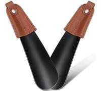 ZOMAKE Metal Shoe Horn,Small Shoehorn Black 17CM, Lazy Short Shoe Helper With Leather handle For Men Women (2pcS Black)