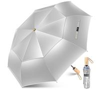 ZOMAKE UV Umbrella for Sun Protection UPF 50+,Sun Umbrella UV Protection,46 Inch Travel Compact Brolly Solar Blocking Reflective Windproof with Wooden Handle (Silver/Navy Blue-Double Canopy)