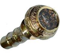 Zomayra Handicrafts Brass Compass Handle with Wooden Walking Stick, Victorian Compass with Wooden Stick, standard, Brown / Black