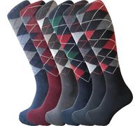 ZombaFlo Mens Knee High Socks - Breathable & Cotton Rich Everyday Long Socks Mens | Argyle Design Long Socks 6-11 UK (Argyle 6 Pairs)