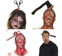 Zombie Accessories Halloween Costume Scary Headbands, 4 Packs Rubber Plastic Cutter Axe Cleaver and Scissor Through Head, Zombie Accessories Makeup for Teen Men Women Adults Clearance Gifts