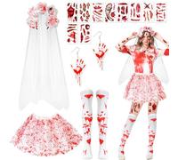 Zombie Bride Costume - Bloody Tutu Skirt, Veil, Thigh High Socks, Earrings - Halloween Scary Dead Bride Dress Up Cosplay
