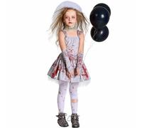 Zombie Bride Costume Kids Scary Halloween Costume Teen Girl Bloody Dress Outfits Cosplay Halloween Dress Up (White, 8-10 Years)