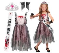 Zombie Bride Costumes, Zombie Costume Children, Horror Bloody Ghost Bride Costume with Crown, Shoulder Straps, Halloween Costume Girls Suitable for Carnival, Role Play and Theme Party (M, 7-9 Years)