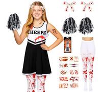 Zombie Cheerleader Costume Kids - 6pc Dead Cheerleader Outfit & Tights | Cheerleader Halloween Costume Kids, Halloween Costumes for Girls, Red or Black Dress, Blood Stained Tights, Age 7-12