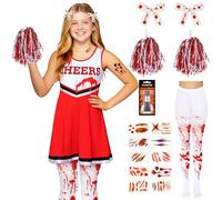 Zombie Cheerleader Costume Kids - 6pc Dead Cheerleader Outfit & Tights | Cheerleader Halloween Costume Kids, Halloween Costumes for Girls, Red or Black Dress, Blood Stained Tights, Age 7-12