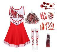 Zombie Cheerleader Costume Kids, Halloween Costumes for Kids, 8 Pcs Cheerleader Halloween Costume Kids Dead Outfit Party Accessories Cosplay Props, for Girl Party Decoration (Red, 130)