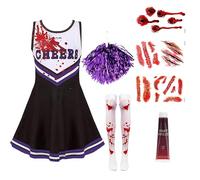 Zombie Cheerleader Costume Kids, Halloween Costumes for Kids, 8 Pcs Cheerleader Halloween Costume Kids Dead Outfit Party Accessories Cosplay Props, for Girl Party Decoration (Purple, 140)