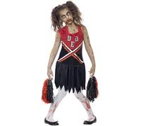 Smiffys Zombie Cheerleader Costume, Red & Black with Blood Stained Dress & Pom Poms, Halloween Child Fancy Dress, Zombie Dress Up Costumes