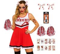 Zombie Cheerleader Costume Women Outfit with Cheerleader Pom Poms - Dead Halloween Fancy Dress Costume - High School Musical Zombie Outfit