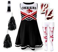Zombie Cheerleader Halloween Costume for Kids Ages 10-12 L Fancy Dress Outfit for Girls with Pom Poms, Tights, Black High School Cheerleader Costume and Fake Blood, Easy Halloween Kids Dress Up Pack