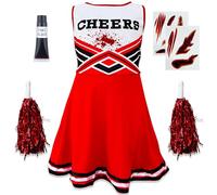 Zombie Cheerleader Halloween Costume for Kids Ages 10-12 (L), Zombie Fancy Dress Outfit for Girls with Pom Poms Red High School Cheerleader Costume Fake Blood Easy Halloween Kids Dress Up Pack