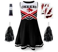 Zombie Cheerleader Halloween Costume for Kids Ages 10-12 (L), Zombie Fancy Dress Outfit for Girls with Pom Poms Black High School Cheerleader Costume Scars Fake Blood Easy Halloween Kids Dress Up Pack