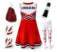Zombie Cheerleader Halloween Costume for Kids Ages 10-12, Zombie Fancy Dress Outfit for Girls with Pom Poms Tights Red High School Cheerleader Costume and Fake Blood Easy Halloween Kids Dress Up Pack