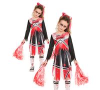 Zombie Cheerleader Kids Halloween Fancy Dress Costume + Pom Poms