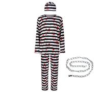 Zombie Convict Costume, Black & White with Trousers, Top, Hat & Wrist Cuffs, Halloween Child Fancy Dress, Halloween Dress Up Costumes