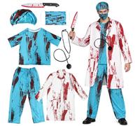 Zombie Doctor Costume Men's Halloween, 7 Pieces Scary Doctor Costume Set | Horror Doctor's Coat Men, Mask Top Trousers Graduation Hat Stethoscope Bloody Knife for Halloween Carnival Surgeon Cosplay