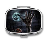 Zombie Hand Dark Halloween Pill Box 2 Compartments Portable Travel Pill Case Mini Medicine Organizer for Pocket Purse Metal Waterproof Medicine Container Holder Vitamin Fish Oil