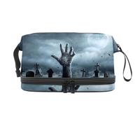 Zombie Hand Rising Out of Graveyard in Spooky Night Double Layer Cosmetic Bag for Women and Girls, Travel Toiletry Bag Makeup Handy Pouch Organiser Bag with Brush Compartment