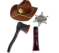 ZOMBIE HUNTER FANCY DRESS ACCESSORY SET COSTUME HALLOWEEN SHERIFF HAT WITH GOLD BADGE & ROPE DETAIL + AXE WITH BROWN HANDLE + TUBE OF BLOOD + SILVER SHERIFF BADGE HORROR CHARACTER DEAD SET