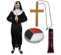 ZOMBIE NUN COSTUME FOR MEN + GOLD CROSS, FAKE BLOOD AND FACEPAINT PERFECT FOR HALLOWEEN, ZOMBIE FANCY DRESS - LARGE