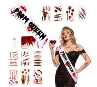 Zombie Prom Queen Halloween Costume Blood Stained Queen Sash Fake Scar Tattoos Stickers for Halloween Zombie Costume Fancy Dress