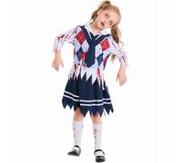 Zombie Schoolgirl Costume Kids Scary Costume Outfits School Girl Bloody Skirt Set Girls Halloween Cosplay Dress Role Play Party Dress Up Suit (Blue, 8-10 Years)