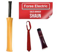 Zombie Survivor Halloween Costume Kit Adults 4 Piece Cricket Bat Tie Blood | Adult zombie survivor accessory bundle, halloween party kit, cricket bat prop, blood-splattered red tie, fake blood tube