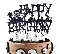 Zombies Happy Birthday Cake Topper, Horror Monster Zombies Cake Decor, Spooky Halloween Themed Birthday Anniversary Party Supplies for Kid’s Men Women, Black Glitter