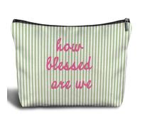 Zomhix Trendy Pink and Green Retro Inspirational Makeup Bag, How Blessed Are We Positive Affirmation Cosmetic Bags, Motivational Striped Makeup Zipper Pouch