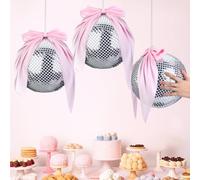 Zomiboo 3 Set Pink Disco Party Decorations Disco Ball Hanging Ornaments Include 3 Inflatable Ball Cover and Inner 3 Pink Bow Foldable Mirror Decor for Wedding Birthday Baby Shower Bachelorette