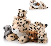 Zomiboo 5 Pcs Cheetah Stuffed Animals Set Large Mommy Cheetah Plush with 4 Soft Cuddly Baby Cubs in Her Tummy for Boys Girls Birthday Graduation Gifts Forest Party Decors (Lying Style)