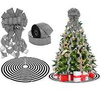 Zomiboo Christmas Tree Decoration Set Include Black White Christmas Topper Bow 40 Inch Black White Stripe Tree Skirt Decorative Wired Ribbons for Xmas Party Holiday Home Decor