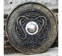 Zomitiya 24" Norse Runic Medieval Knight Round Shield, Wood and Iron, Viking Style with Snake Design, Battle Ready LARP Costume