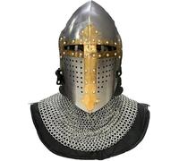 Zomitiya Medieval Crusader Great Helmet with Chainmail Aventail 18 Gauge Steel Knight Helmet with Brass Faceplate LARP, Reenactment, Cosplay & Collectible Armour