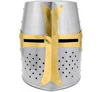 Zomitiya Medieval Crusader Knight Helmet, 18 Gauge Steel, Polished Silver with Brass Cross Accents, Full Face Great Helm for LARP, Cosplay, Reenactment