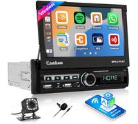 Zomolither Single Din Car Stereo with 7" Electric Retractable Touchscreen, Wireless Carplay & Android Auto, Bluetooth Hands-Free Calling, Mirror Link, USB Port, FM/RDS, EQ Sound Effects, Support SWC