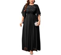 ZOMVA Plus Size 0X-4X Formal Dress Sequin Lace Chiffon A-line Maxi Dress Handkerchief Sleeve Evening Wedding Guest Prom Gown, Black, 2X
